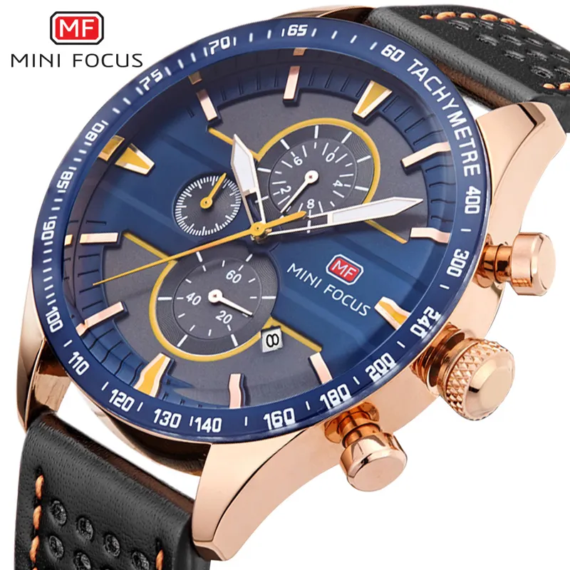 MINI FOCUS 0002G exquisite men's watch top brand chronograph 3 dial luxury blue leather strap waterproof quartz watch