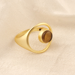 Bague en quartz fumé naturel, mode tendance, plaqué or, réglable, rond ouvert, cabochon, bague géométrique de créateur - Product Image 5