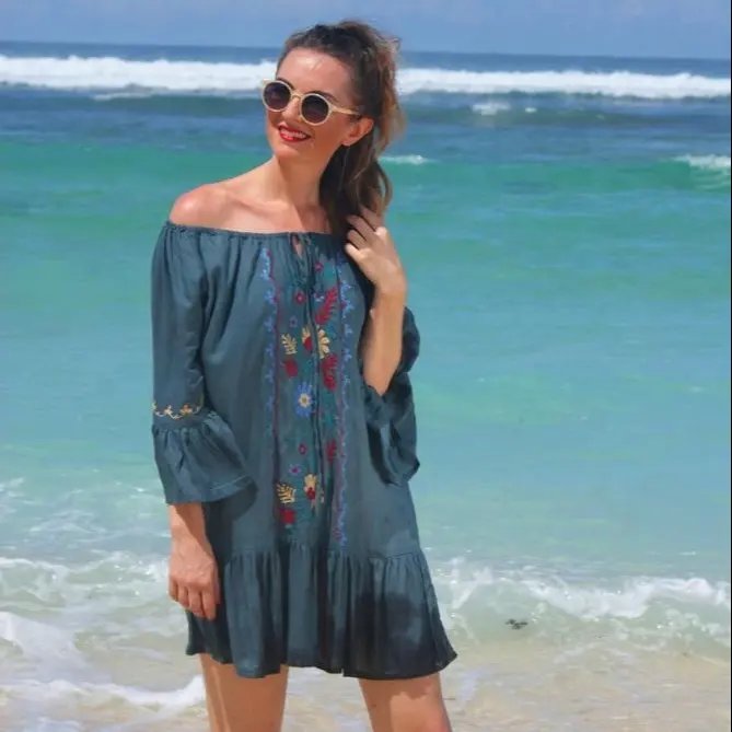 Elegant Design flossy Women Beach Embroider Frill Dress High-End Off Shoulder Bell Sleeve Ladies Bohemian Bath suit Cover Up