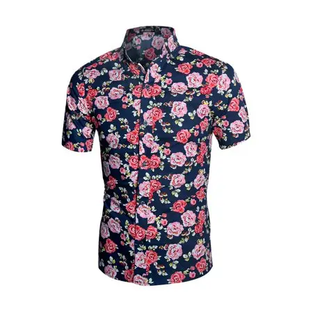 2019 Floral Print Elegant Shirts Mens Shirt Slim Fit Ethnic Flowers short Sleeve Casual Spring Fashion Cotton Tops Men Blouses