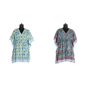 Vestido de algodón caftán corto para cubrirse, sin mangas, Kimono, vestido estampado con bloque de mano, caftán Dashiki tradicional africano asequible - Product Image 1