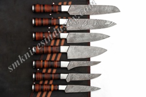 Juego de cuchillos de cocina de 7 piezas con mango redondo de acero de Damasco hecho a mano con estuche de cuero, incluye cuchillos de Chef (SMK1059) - Product Image 4