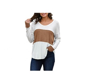 Camisetas de manga larga con cuello redondo de colores en contraste, ropa de mujer, ropa informal de talla grande, camisetas de dos paneles a la venta - Product Image 3