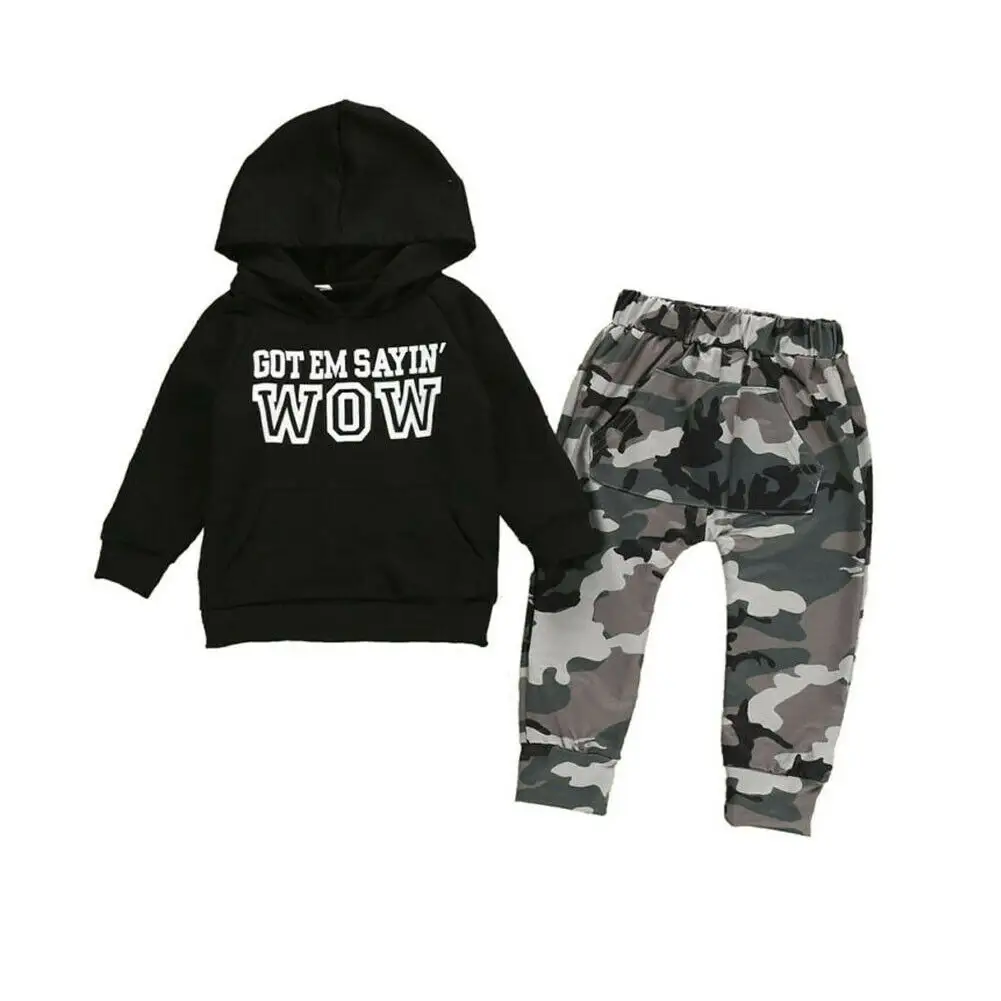 OEM Custom High Quality Autumn Winter Clothes 2pcs Newborn Kid Baby Boy Hooded Tops Sweatshirt Camouflage Pants For Kid Boys