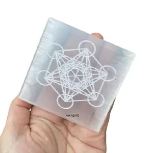 Groothandel Selenite Crystal Metatron Cube Opladen Plaat Gegraveerd Met Metatron Cube Heilige Geometrie Selenite Crystal Grid