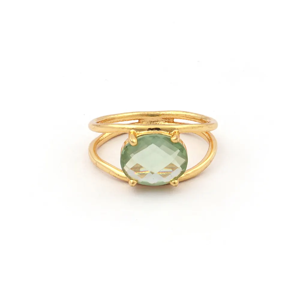 Green Amethyst Stone Handmade Adjustable Ring | Double Band Gold Plated Brass Prong Setting Wholesale Jewelry. Mode Joyas R-120