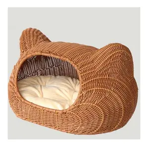 Portador de animais rattan em madeira para gatos/cães, casa com cesta para gatos/gatos