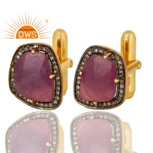 925 Sterling Silver Gold Plated Natural Pave Diamond & Ruby Gemstone Cufflink For Men's Diamond Jewelry Manufacturer - Product Image 4