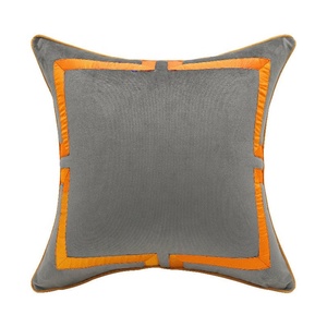 Modern Square Gray Velvet Cushion Cover With <b>Orange</b> Trim Handmade Decorative <b>Pillow</b> Case Home Use - Product Image 1