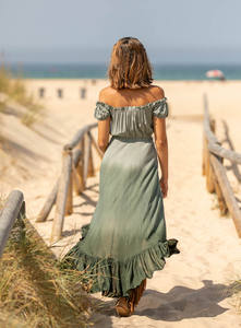 ชุดเดรสยาวมัดย้อมสไตล์โบฮีเมียนของผู้หญิงชุดเดรสชายหาดเกาะอกยาวถึงพื้นเดรส100% ผ้าฝ้ายทอเอวธรรมชาติ - Product Image 4