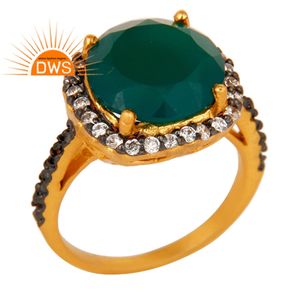New 18k Gold Plated Brass <b>Green</b> Onyx Cubic Zirconia Ladies Fashion Cocktail Ring Jewelry Manufacturer - Product Image 1