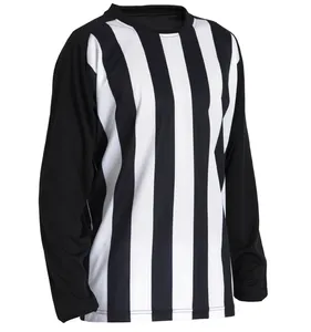 Camisa listrada de manga longa para homens, camisa de malha de poliéster 100% para futebol, branco e preto de futebol