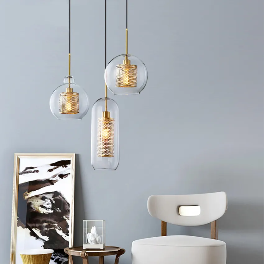 Modern Clear Glass Pendant Light Indoor Chandeliers Lighting Golden Hanging Lamps Drop Lighting