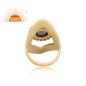 Bague de mariage artisanale en argent sterling 925 noir plaqué or avec serti clos en pierres précieuses CZ et quartz fumé naturel - Product Image 4