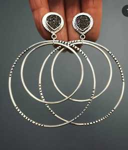 Designer Black Druzy Gemstone <b>Earrings</b> <b>Silver</b> Plated Handmade Hoop Style Pear Shape Gemstone <b>Long</b> Hook <b>Earring</b> Jewelry for Gift - Product Image 1