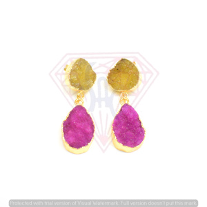Rose jaune Druzy naturel Multi pierres précieuses fait à la main plaqué or bijoux déclaration faisant mode boucle d'oreille - Product Image 2
