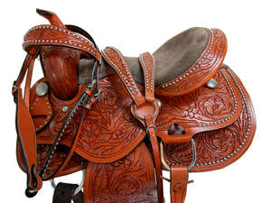 Premium Y & Z 14 "-18" Barril de cuero occidental genuino Wade Asiento de sillín Durable Horse Tack Set Árbol de fibra Herrajes de acero inoxidable - Product Image 2