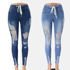 Bufa Yoga Jeans High waisted Jeggings pull-on blue denim jeans ripped lace up jeans for petite women