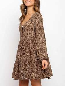 Vestido corto informal de algodón con manga larga para verano, minivestido sexy con estampado de leopardo para mujer, 2021 - Product Image 4