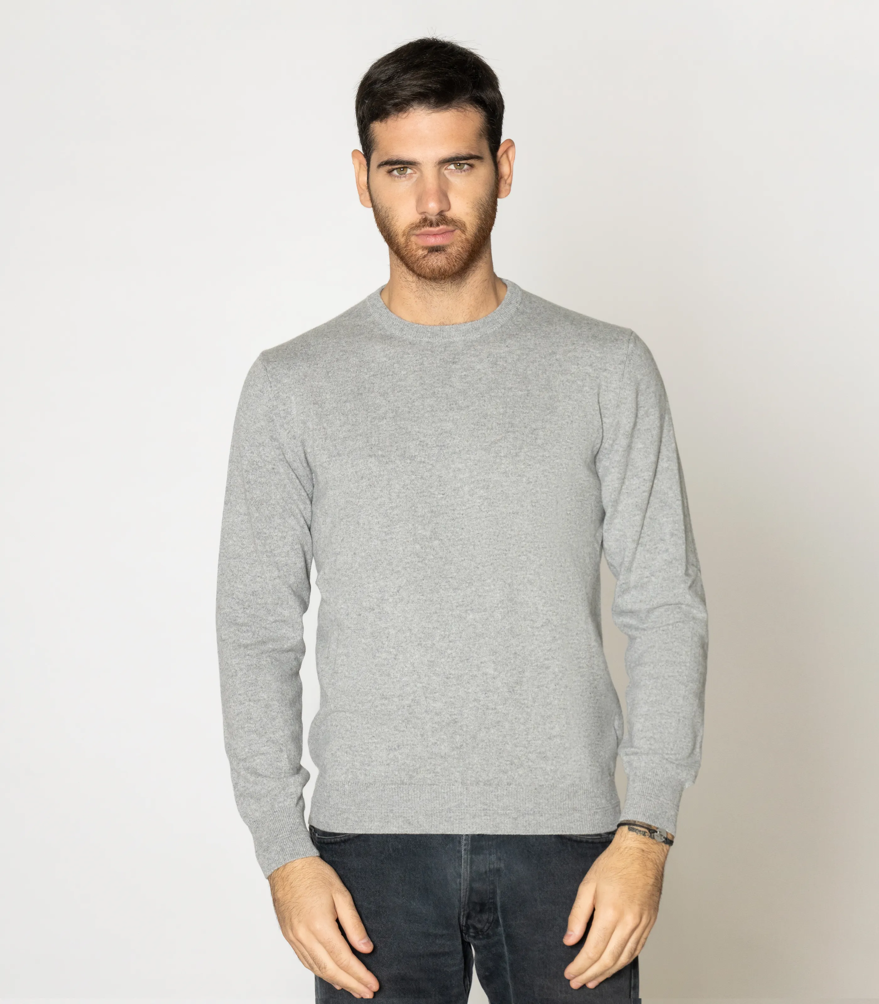 Made in Italy high quality 100% pure cashmere yarn long sleeve crew neck light grey men's sweaters