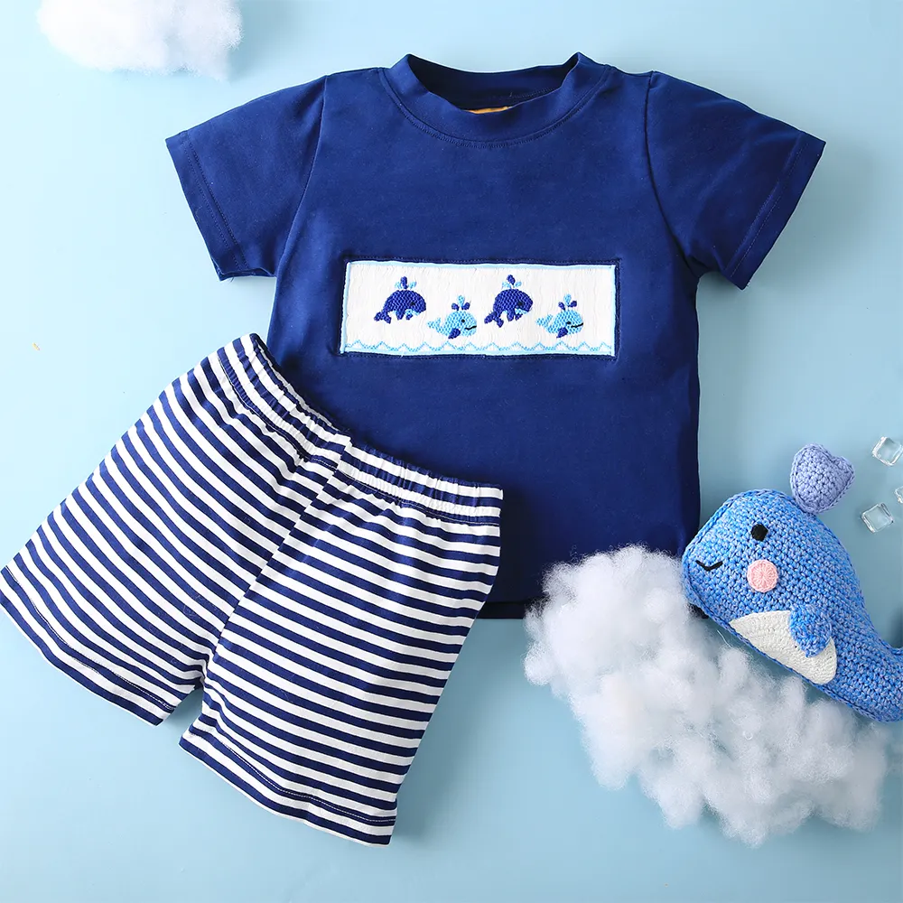 Blue whales boys smocked outfit ODM OEM baby boys clothing sets - BB1771