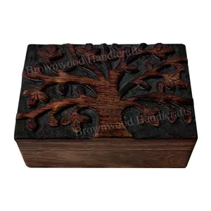 Caja de almacenamiento de madera de mango tallado de árbol de la vida Diseño artesanal premium Precio al por mayor del proveedor indio para vendedores en línea - Product Image 1