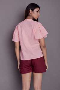 Wholesale customized women's casual pink color crepe o-neck half sleeve loose cotton linen overalls loose wide leg Short - Product Image 5