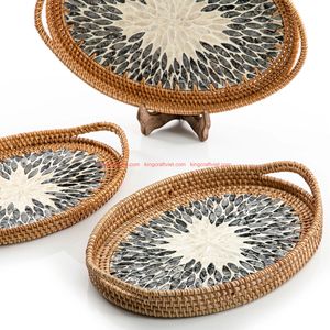 Bandeja de Servir de Ratán Tejido Natural de Vietnam con Asas, Cesta Decorativa para Frutas, Bandeja con Incrustaciones de Madreperla para Comida y Té - Product Image 2
