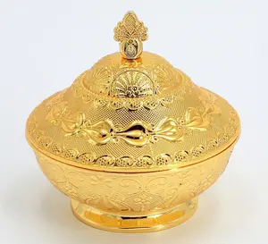 Tulip Design And Gorgeous Gold Plated metal Small Size Round Shape Arabic Dates Bowl Snack Dish With Cover