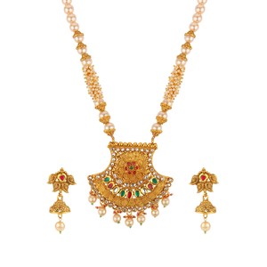 Mariée Traditionnel Plaqué Or Kundan Perle Mariage Temple Pendentif Collier Boucles D'oreilles Bijoux ensemble - Product Image 2