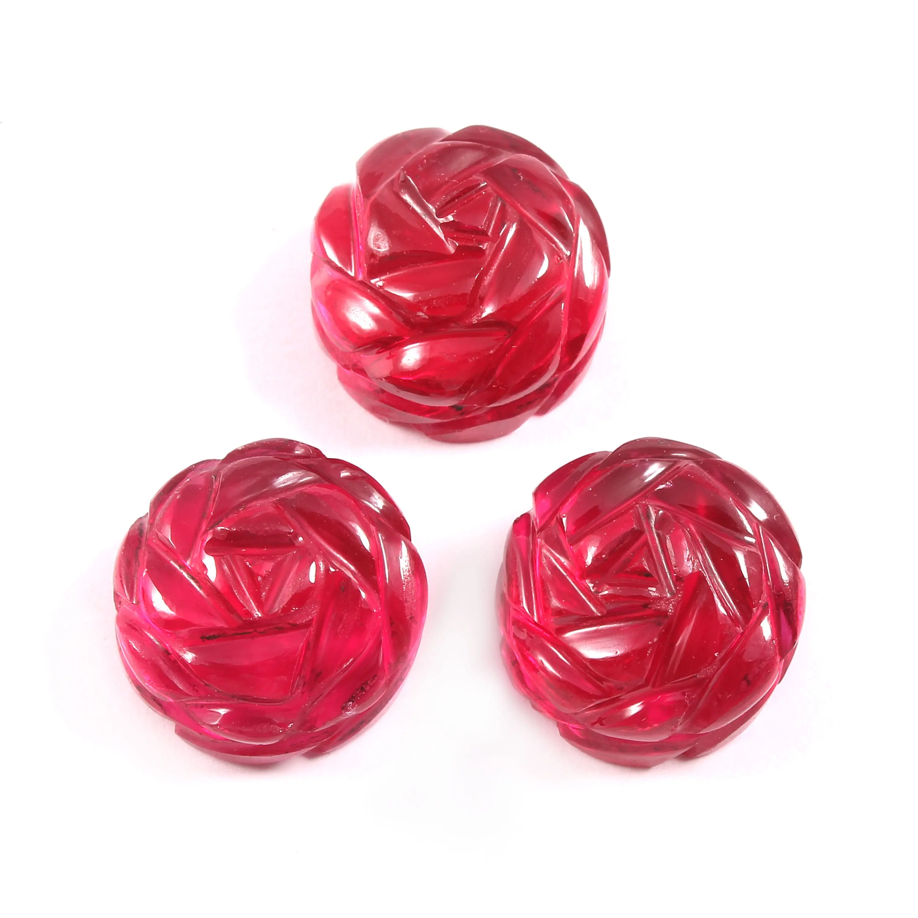 Ruby Red Corundum 3 Pieces Set Beautiful Rose Carving Synthetic Loose Gemstone Jewelry Synthetic (lab Created) Eden Gems 15 Mm