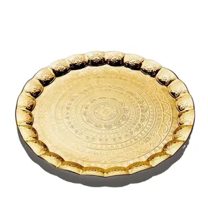التركية الفضة الذهب تخدم صينية مع مقابض جولة ديكور منضدية ديكور المطبخ صينية تقديم معدنية ديكور اليدوية هدية