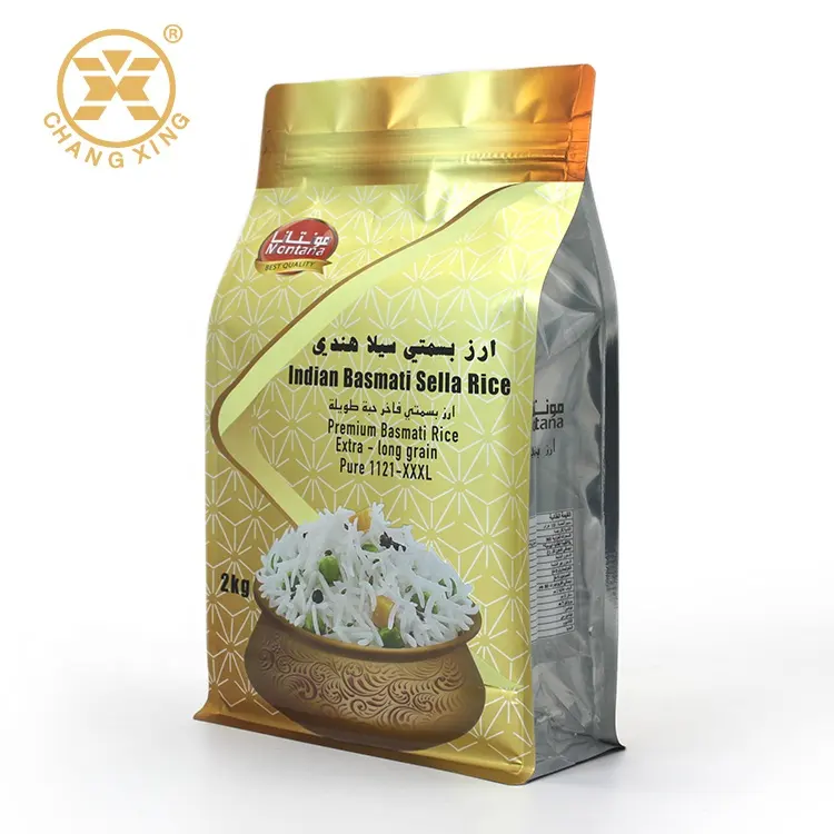 Bolsas de arroz de harina seca de plástico Flexible, embalaje de alimentos, fondo plano, 5kg, fabricante de China