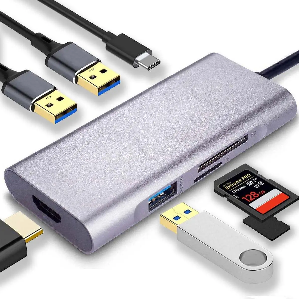 7in1 USB C Hub 3x USB 3.0 4K MD USB-C Oplader SD/TF Kaart Power USB C HUB TYPE C