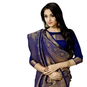 Großhandel indische ethnische Kleidung Designer rote und blaue Seide goldene bestickte Hochzeit und Verlobung Saree für Damen