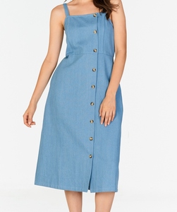 Nouvelle Robe d'été sans manches pour femme, coupe trapèze, en lin 100% uni bleu ciel, col carré, longueur genou, style formel, tendance et sexy - Product Image 6