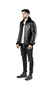 Manteau en peau de mouton noir pour hommes en peau de mouton mérinos avec col moelleux et design respirant rempli de coton - Product Image 4