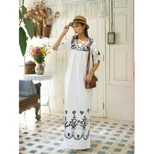 Traditional Indian Floor-Length Bohemian Folk <b>Kaftan</b> Dress Floral Embroidery Aari Chain Stitch 100% Cotton Breathable <b>Summer</b> - Product Image 1