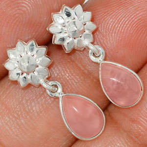 Pendientes de tuerca de cuarzo rosa de plata de ley sólida única 925, joyería hecha a mano para compromiso, regalo de fiesta de aniversario de boda - Product Image 1