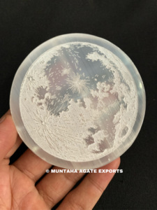 Beautiful Full Moon Engraved Premium White Selenite Charging Plate Circle Design Agate Crystal Gemstone Mascot Theme by MUNTAHA - Product Image 2