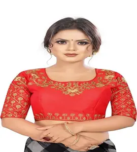 Designer new collection fashionable exclusive Indian women wear red color sequence work lace border chiffon silk saree blouse