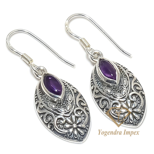 Pierre précieuse en forme de marquise d'améthyste naturelle faite à la main 925 boucles d'oreilles en argent sterling massif bijoux à la mode pour les femmes pour la fête de mariage - Product Image 1