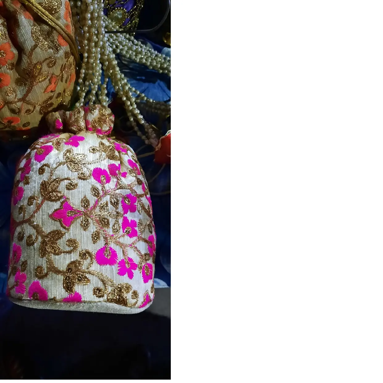 custom made floral embroidered drawstring bags suitable for use as wedding favors available in an assortment of colors