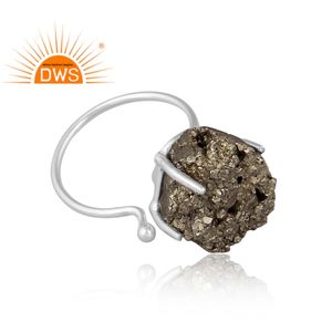 Trendy Top Selling Fine Sterling Silver <b>Adjustable</b> <b>Ring</b> Pyrite Druzy Gemstone <b>Ring</b> for Christmas Jewelry Supplier - Product Image 2
