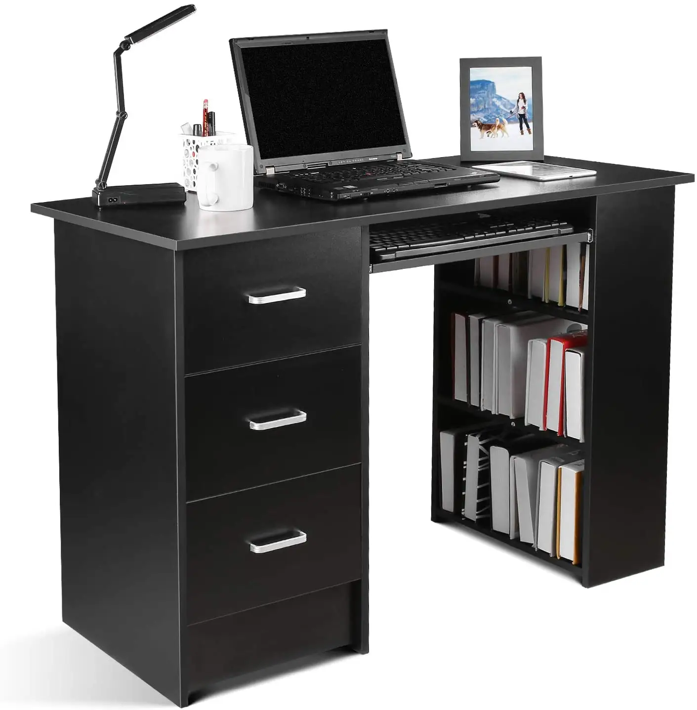 Table de travail d'ordinateur portable, 3 tiroirs, 3 étagères avec clavier coulissant, support pour le bureau, la maison