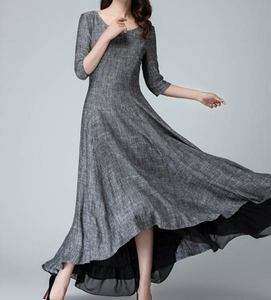 Vestido Maxi de Lino Gris para Mujer, con Forro de Algodón, Corte en A, Manga Corta, Sin Cuello, Dobladillo Asimétrico, Formal, Holgado, para Verano - Product Image 5