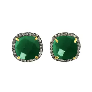 Solid 925 Sterling Silver Green Onyx Gemstone 10mm Cushion Shape Pave Set Push Back Stud Earrings Jewelry