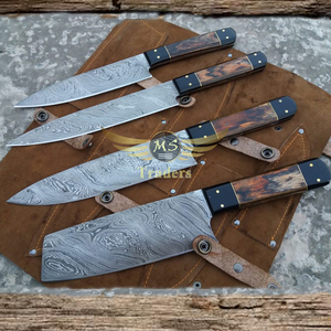 Ensemble de 5 couteaux de cuisine, manche en bois Pakka, emballage en cuir, couteau de chef, couteau à éplucher, ensemble de couteaux Damas - Product Image 6