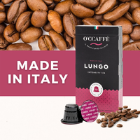    Boîte de capsules compatibles O'ccaffe Lungo en aluminium, 10 capsules dans un carton pour café