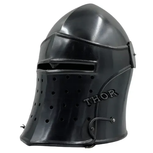 Medieval Visored Barbuta Armor Helmet Brushed Steel Knights Templar Crusaders Halloween ~Woodan Stand Black Polished